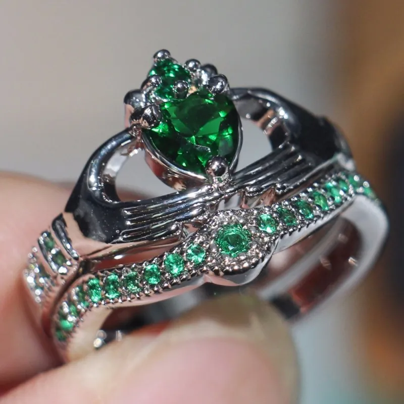 Vecalon Lovers 5 색 Birthstone Claddagh 링 5A 지르콘 CZ 화이트 골드 가득 약혼 결혼식 밴드 반지 여성을위한 세트