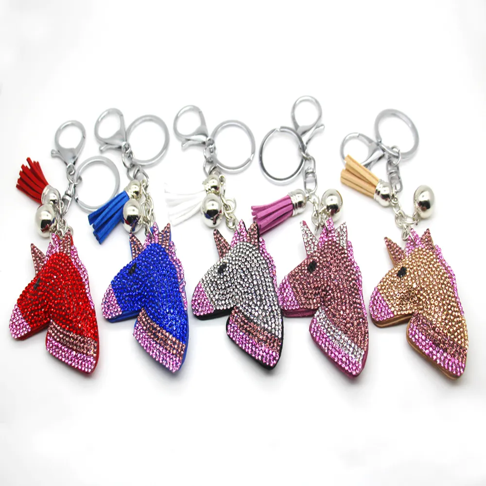 PU Skórzany Kryształ Rhinestone Unicorn Kształt Keychain Skórzany Tassel Unicorn Keychain