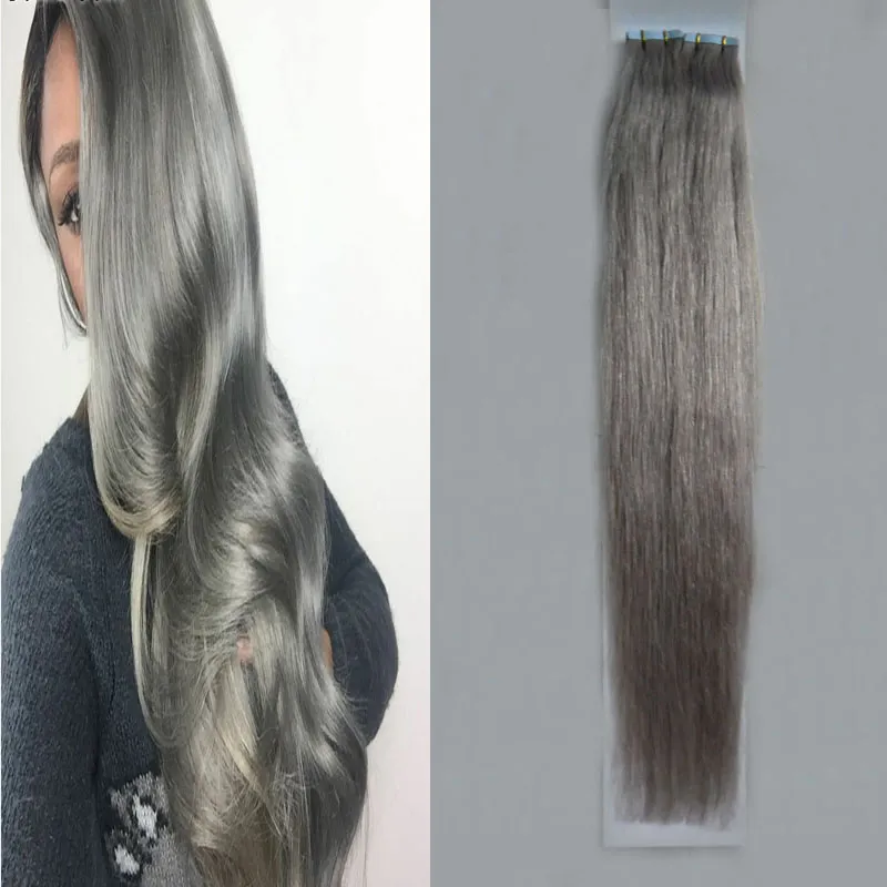 Nastro di estensioni dei capelli grigio argento nelle estensioni dei capelli umani 12 "14" 16 "18" 20 "22" 24 "26" 100 g 40 pezzi / set 7a estensioni dei capelli del nastro grigio