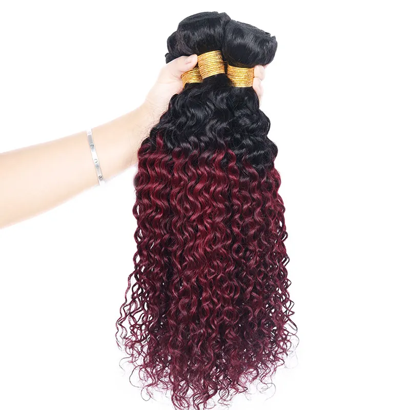 Kinky Curly 4 Bundles T 1B 99J Ombre Vin Foncé Rouge Deux Tons Couleur Pas Cher Brésilien Vierge Armure de Cheveux Humains 4 Bundles Extension9437300