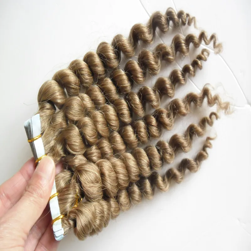 Light Brown Remy Tape Hair Extensions loose wave Skin Weft Human Hair Machine Made Remy 16" 18" 20" 22" 24" Adhesive Seamless Hair