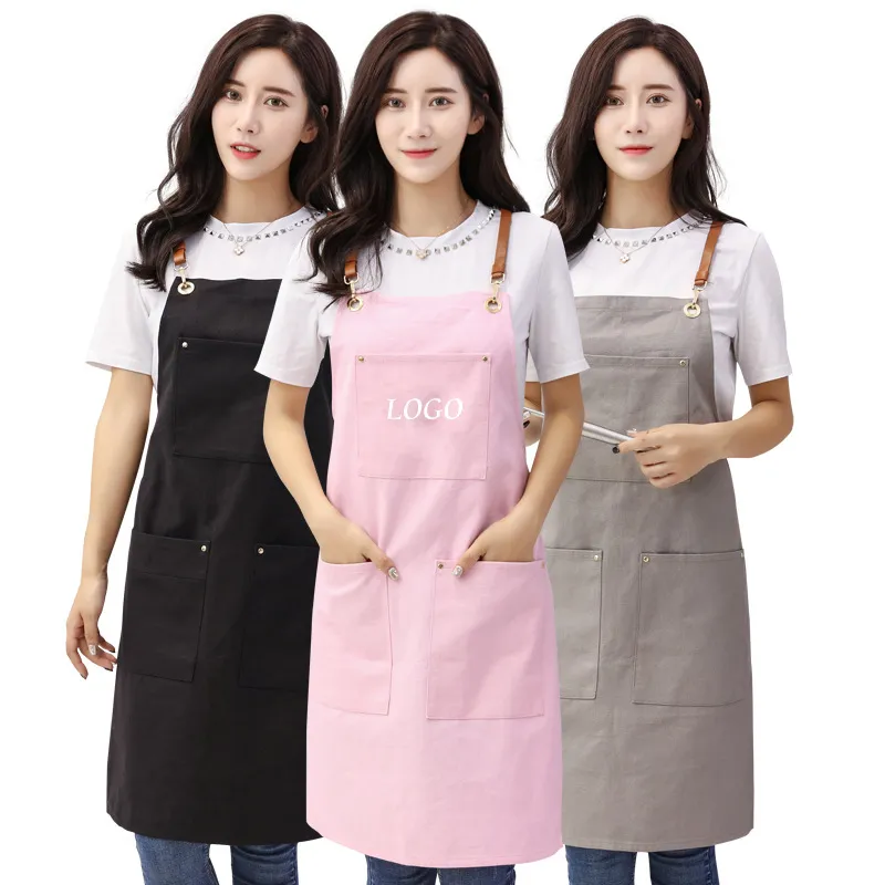 BBQ Senior Simple Denim Canvas Apron Bib Leather Straps Kitchen Apron for Women Barber cooking baking Waitress Custom Print