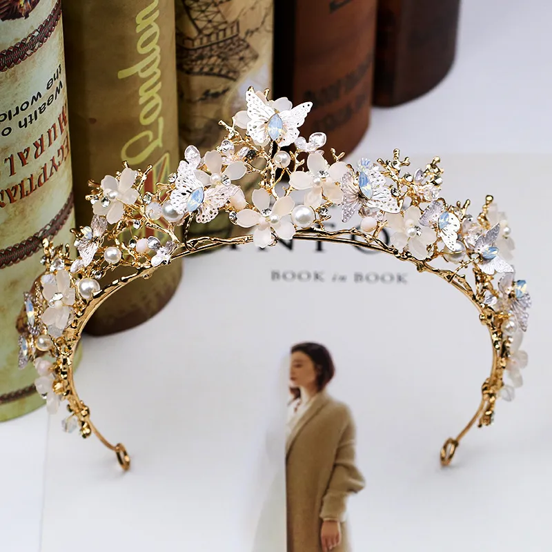 butterfly Baroque crown headband flower wedding tiara crystal bridal diadem Vintage Bronze Butterfly Crown - Baroque Bridal Rhinestone  main image 4
