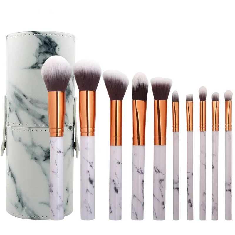 Maange 10st / Set Pro Marbling Makeup Brushes Kit Marmor Mönster Cylinder PU Borstväska Power Beauty Make Up Borsta Kosmetiska Verktyg