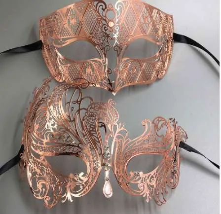 Oro rosa Mujeres Hombres Pareja Pareja Amante Hecho de metal ligero Corte láser Filigrana Veneciana Mardi Gras Mascarada Baile Máscaras Conjunto