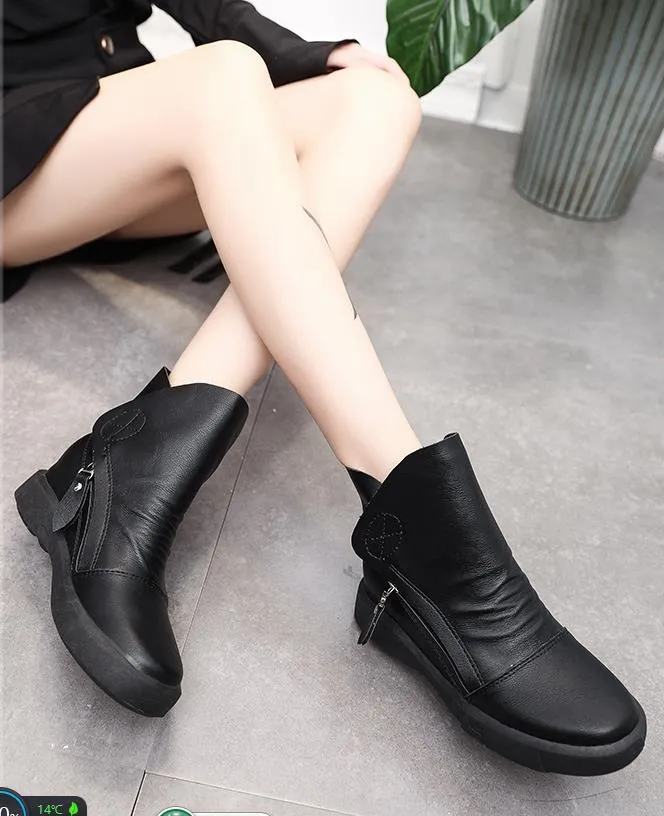 Ankle boots de couro para as mulheres saltos planas retro marrom à prova d 'água curto botas senhoras elegantes sapatos casuais de inverno mulher 2018