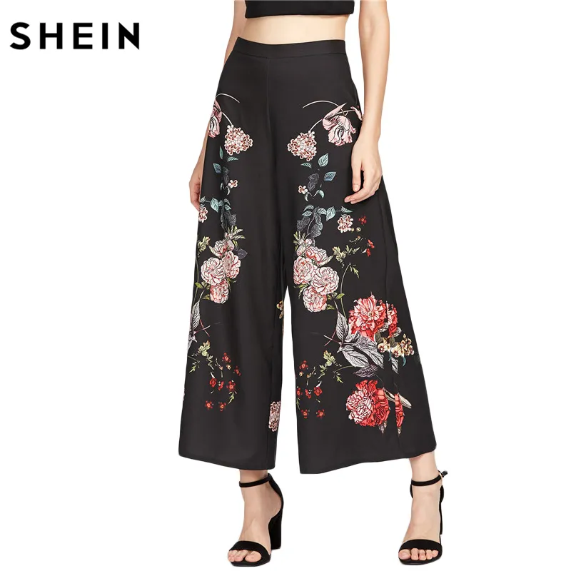 SHEIN Women White Botanical Print Zip Side Wide Leg Pants Ladies Summer Zipper Fly Mid Waist Floral Elegant Long Trousers6443635