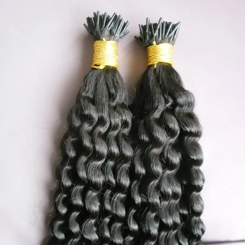 200g #1 Jet black Remy I Tip Keratin Hair Extension kinky curly Pre Bonded Hair On Capsules Hot Fusion Hair 1g/strand