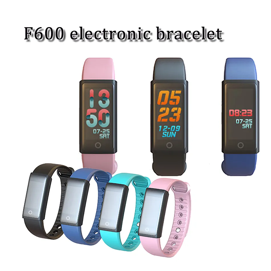 2018 Helt ny F600 Färgskärm Bluetooth V4.1 Smart armband Sports Wristband Watch med steg Hjärtfrekvens Blodtryck Spo2 Varaktighet