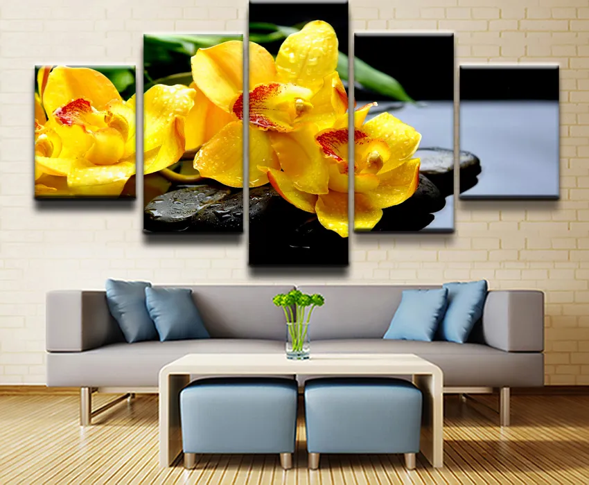 Pintura à prova d 'água Pintura de sala de visitas da casa da parede da parede da pintura Imagens 5 Parte / set Flor Orquídea Primavera Pedra Água Amarela Flor