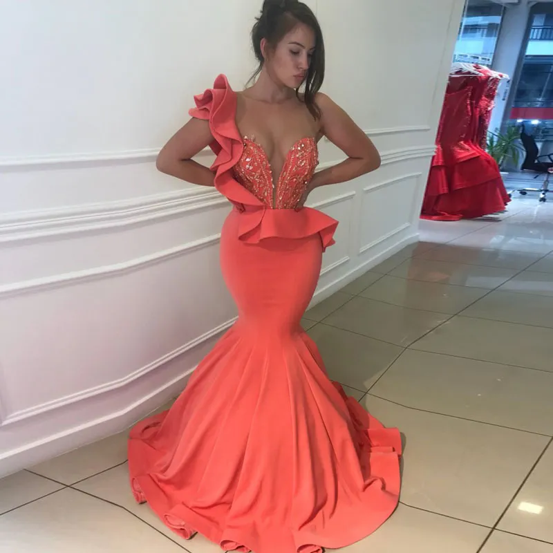 Coral Mermaid Prom Dresses Sheer Neck Crystal Ruffles Satin African Evening Dresses Formal Gowns Sweep Train