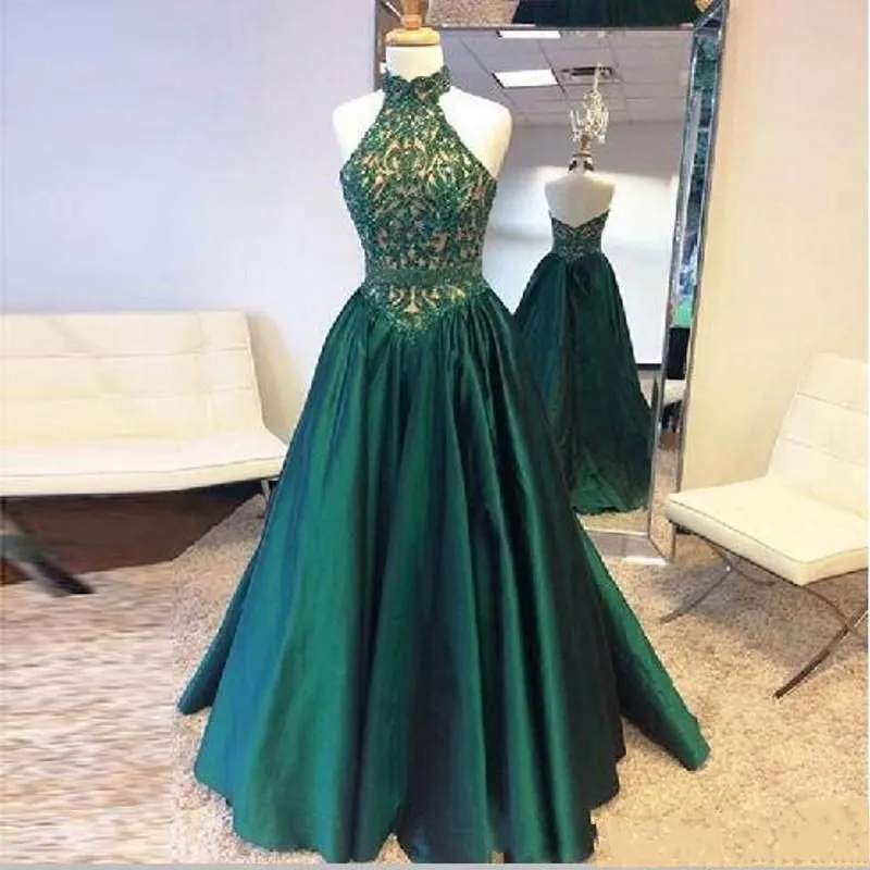 A Line Satin Beaded Dark Green Prom Dresses Halter Evening Dress vestidos de noche largos elegantes de fiesta