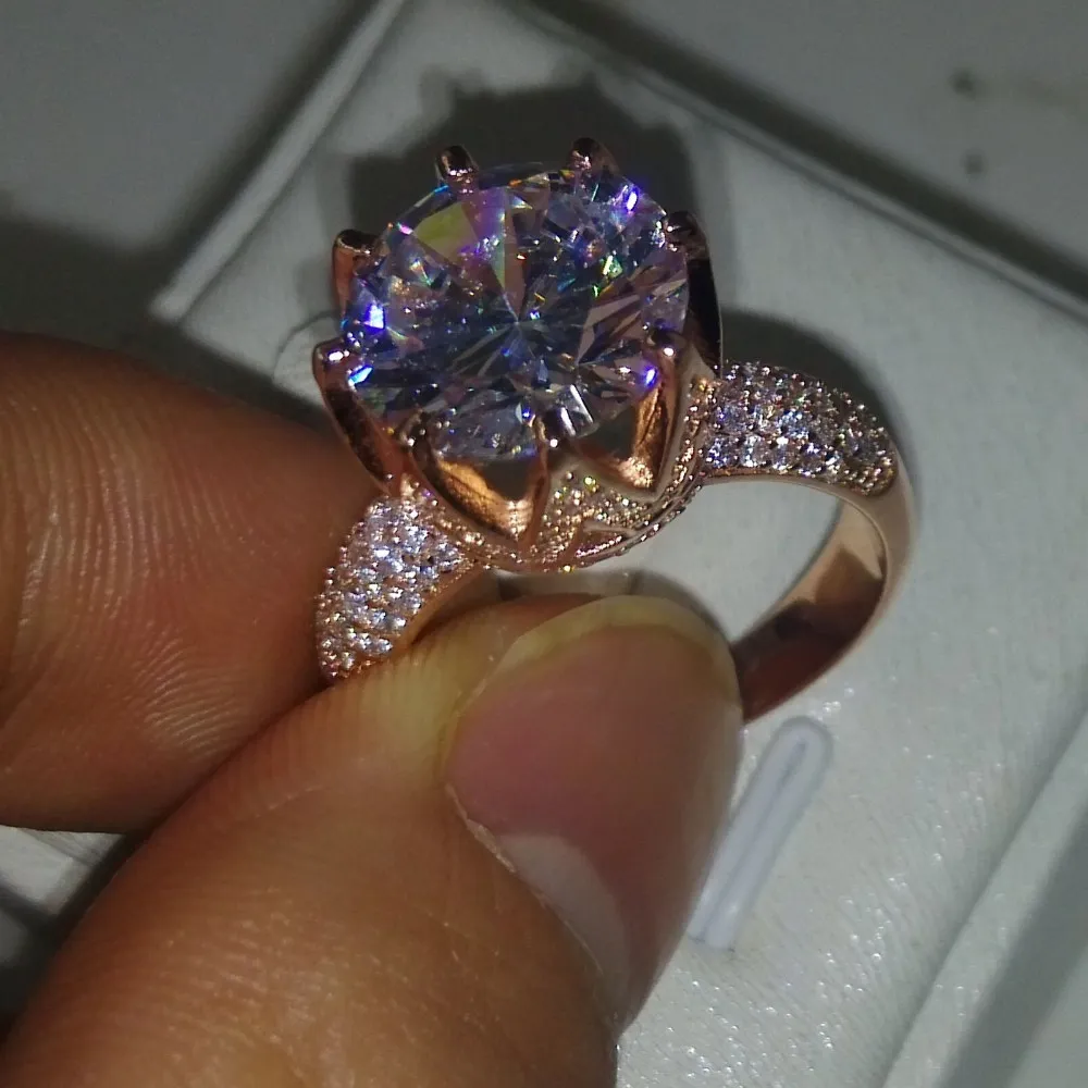 Choucongローズゴールドリングラウンドカット8ct Stone 5aジルコンCZ 925スターリングシルバー女性の婚約結婚式のバンドリング