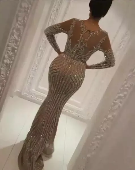 Yousef Aljasmi 2020 Luksusowy Długim Rękawem Cekinowany Syrenka Prom Dresses Sexy Sheer Jewel Neck Evening Wear Beads Celebrity Prom Suknie