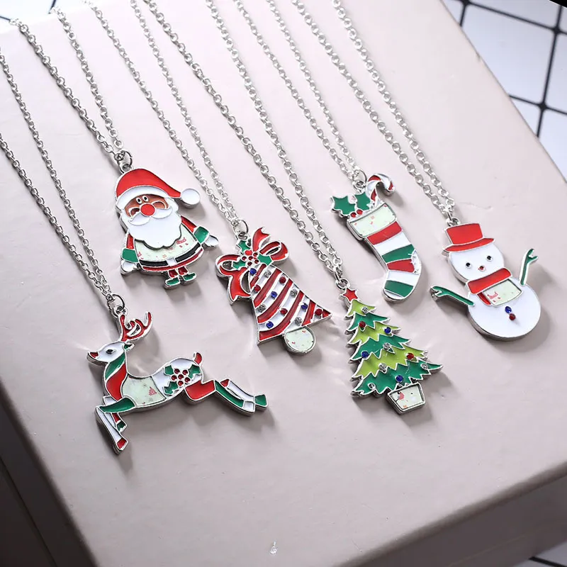 New Design Silver Plated Christmas Gift Enamel Pendant Necklace Cartoon Style Alloy Jewelry