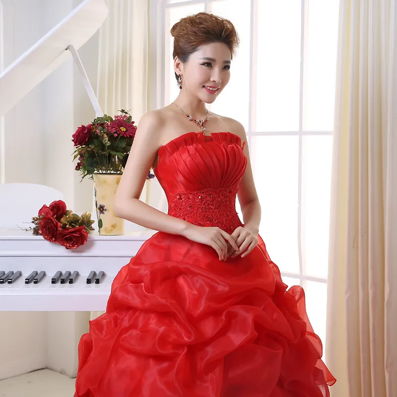 Gorąca Sprzedaż Szampan Biały Suknia Ślubna Sweetange Koreański Styl Romantyczny Ruffles Koronki i Zipper Princess Red Vestido de Noiva
