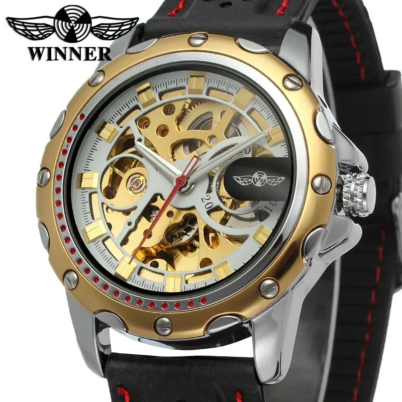 2022 New Winner Black Rubber Band Automatic Mechanical Skeleton Watch For Men Fashion Gear Wrist Watch Reloj Army Hombre Horloge2382