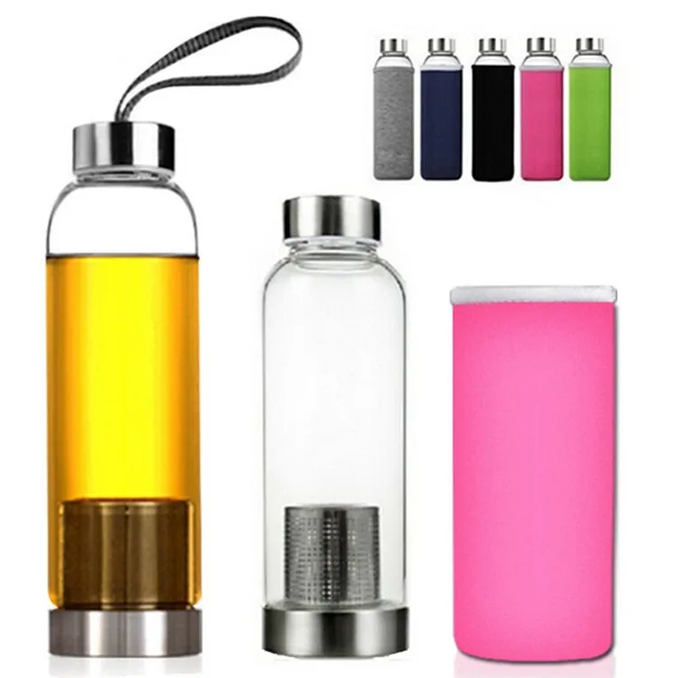 Botella de agua de vidrio Botella de agua de vidrio resistente al agua de alta temperatura libre de BPA con filtro de té Botella de infuser Manga de nylon
