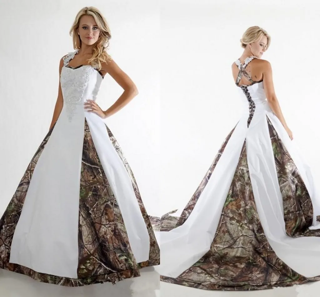 Country Camouflage Camo Wedding Dress with Halter head and neck anatomy, Lace-up Back, and Chapel Train - Fall 2018 Collection Country Camouflage Camo Wedding Dress with Halter head and neck anatomy, Lace-up Back, and Chapel Train - Fall 2018 Collection