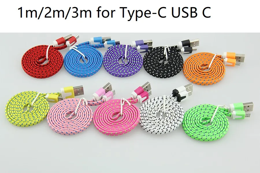 1M 2M 3M Colorful New Flat Noodle Fabric Nylon Braided Type-C USB C Cable for Samsung For Blackberry for HTC Cloth braided cable 400pcs