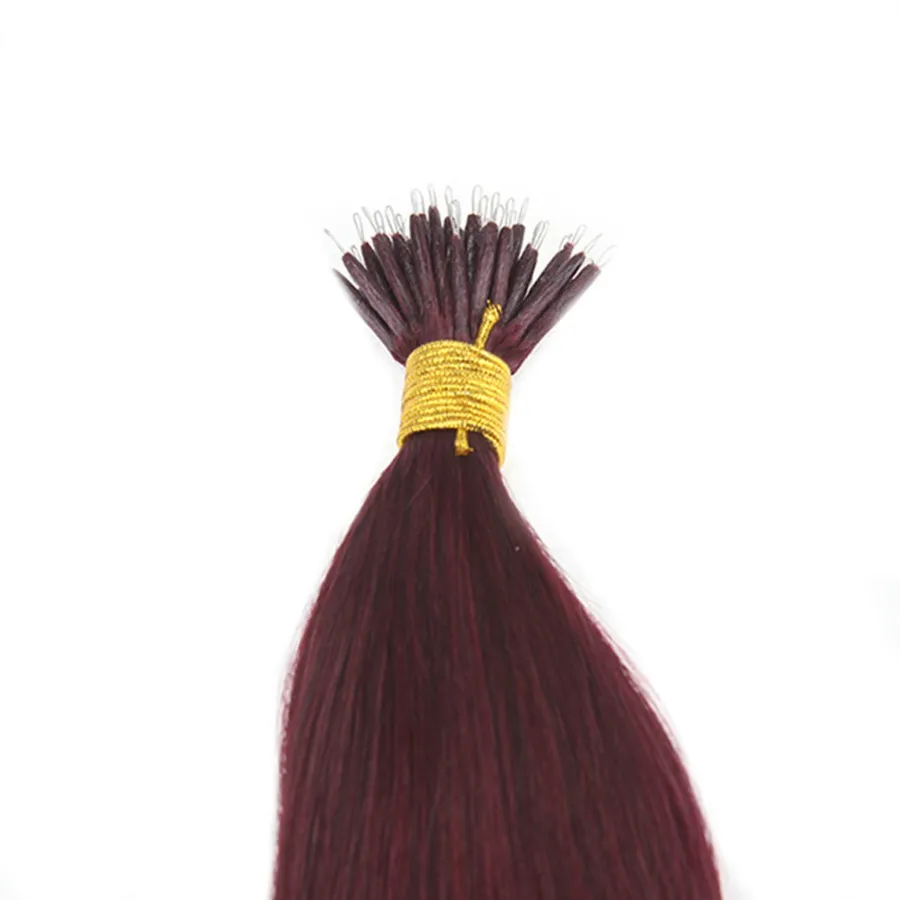 Elbess Hair -ed kolor wina # 99J 0.8g / Strand 200strands Prosty fala Nano Ring Human Hair Extensions