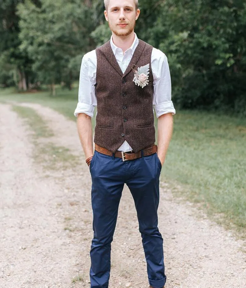 Popular Wool Wedding Groom Vests Tweed Herringbone Groomsmen Vests Silver Back V-Neck Men's Suit Vests Men's Dress Vest Waistcoat