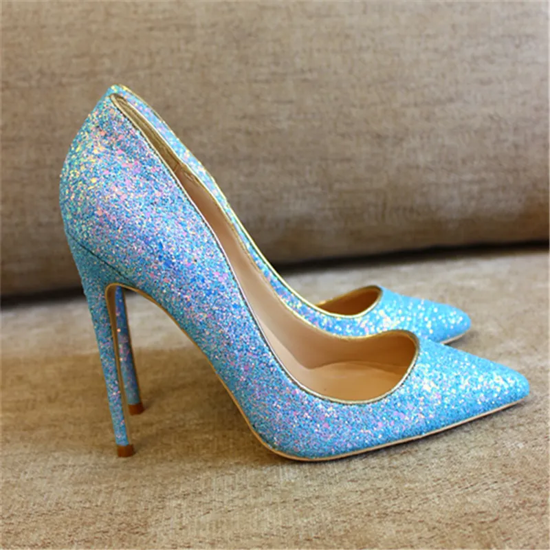 Fashion women Blue Glitter strass point toe shoes high heels thin heeled shoes pumps genuine leather 10cm Big size size 33-43