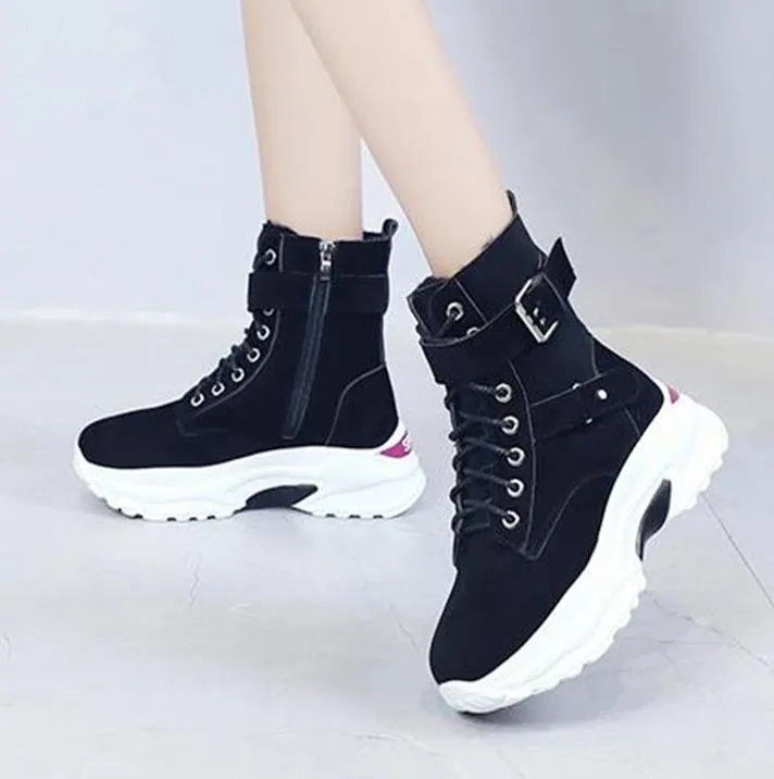 Women Vintage Nubuck Leather Ankle Boots Ladies Hidden Wedges Boots Autumn Winter Platform Flats Casual Shoes Woman