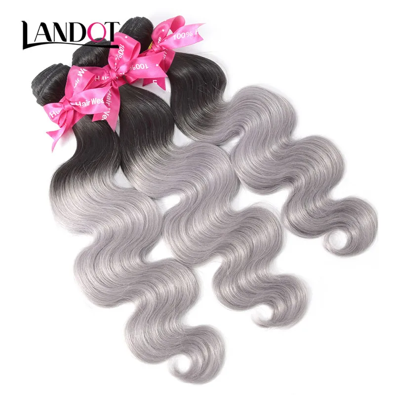 9a Ombre Brasilianska Virgin Human Hair Weaves 3 buntar med spetsavslutningar Body Wave Ombre 1B / Grey Peruvian Malaysian Indian Hair Extensions