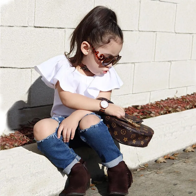 2018 New Fashion Neonate Abiti Top Bianco Camicia e buco Jeans Pantaloni Due pezzi Abbigliamento Set Cute Baby Girls Clothes Set Kids Suit