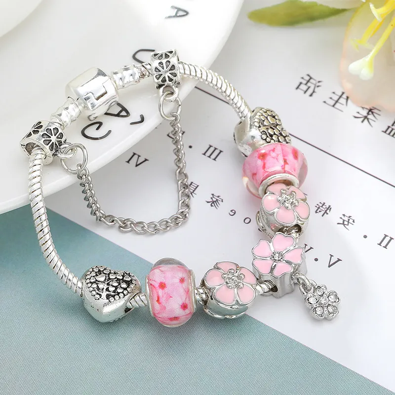 Pandora Magnolia Charm Bracelet Pink Blue European Bead Snake Bone Bracelet for Women