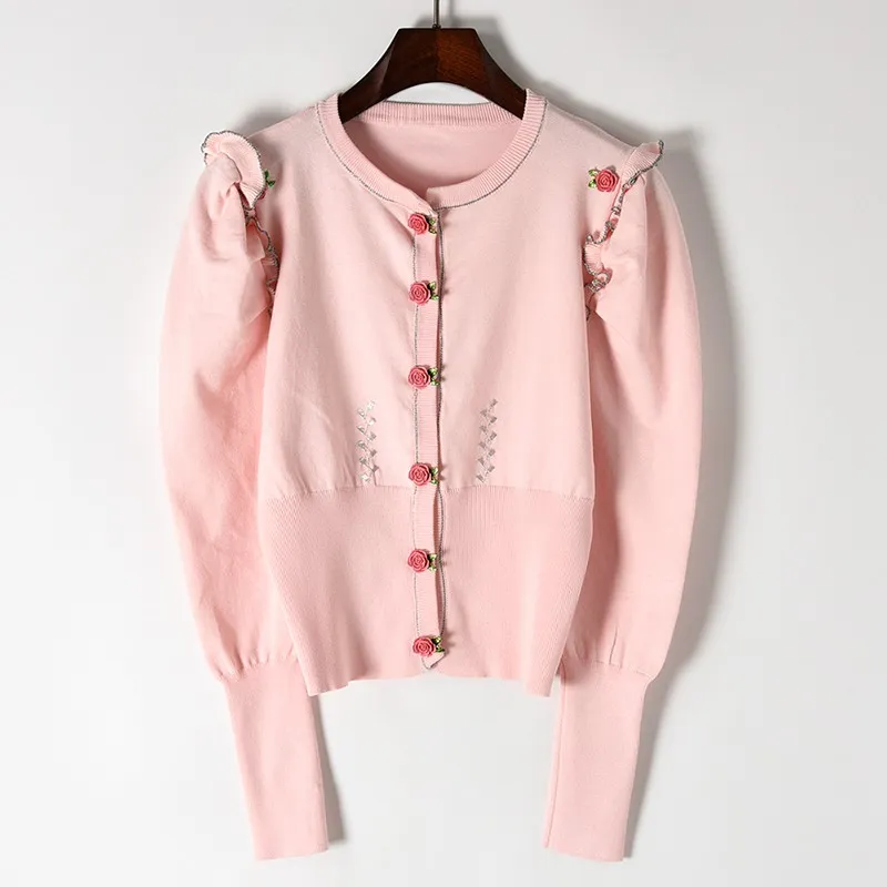 New Sweaters sleeve silver black fungus stereo rose clasp knitted cardigan Cultivate morality round collar coat female