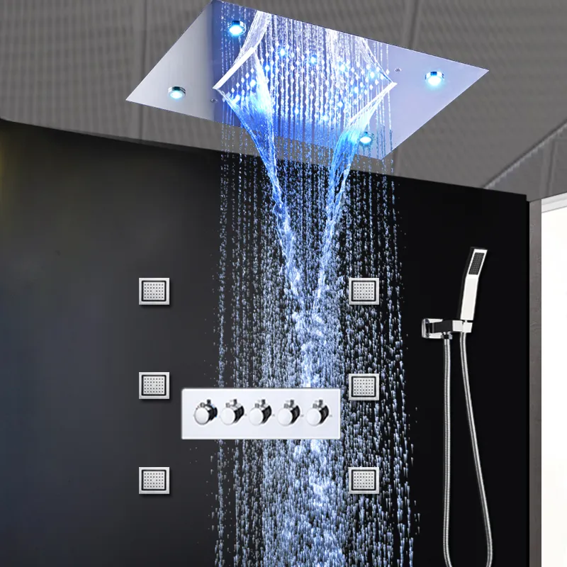 Sistemi doccia a pioggia di lusso Soffione doccia a LED nascosto Rubinetti a cascata per massaggio Getti spray per il corpo da 4 pollici per set doccia da bagno