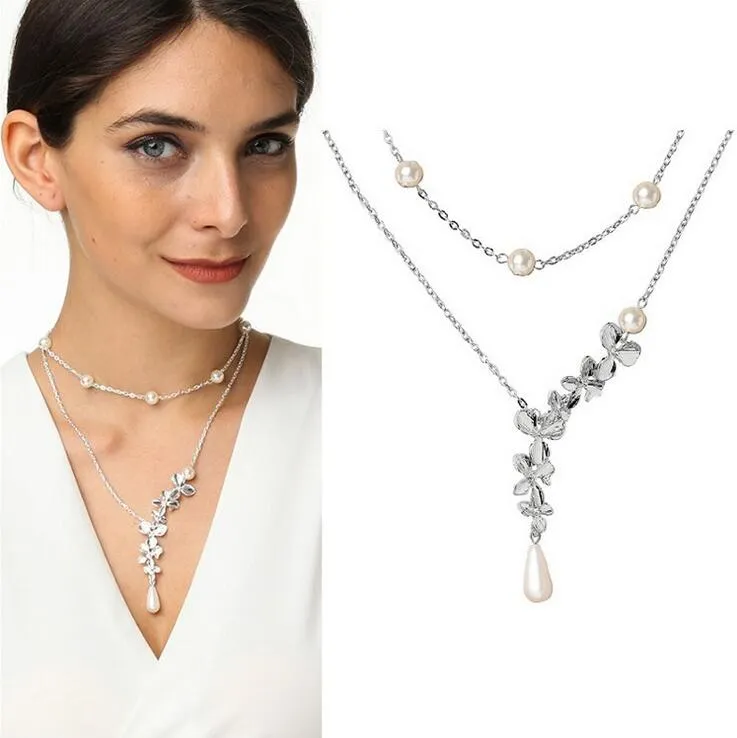 Collier à double pont en perles et fleurs de style euraméricain, long pendentif en perles pour femmes, jolis accessoires pour filles, cadeau, livraison gratuite