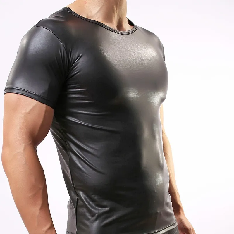 mens sexy faux leather t shirts Male fashion Men black nylon Tees tight shirts Gay Funny Undershirts Dancewear corset clothing