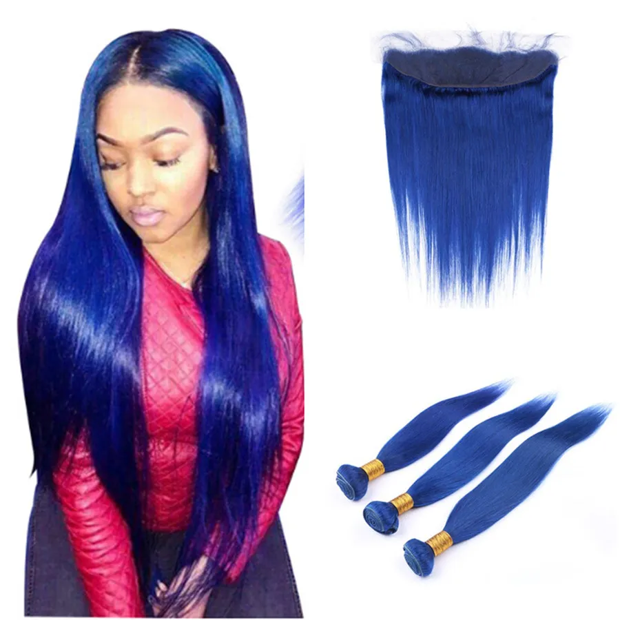 Fasci di capelli vergini blu malesi 8A con chiusura frontale in pizzo Tessiture di capelli umani lisci blu chiaro con frontale 13X4 pre pizzicato