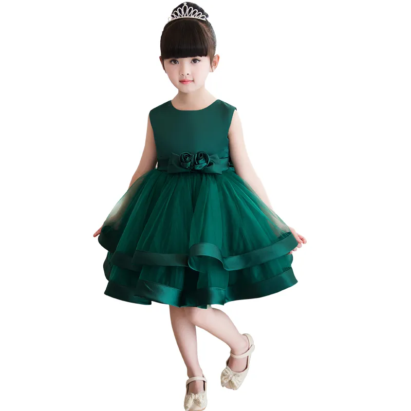 Pas cher Vert Foncé Robe De Bal Fleur Fille Robes Longueur Au Genou Arc Fleurs Tulle Enfants Robes De Soirée De Bal Fille Pageant Robes En Stock