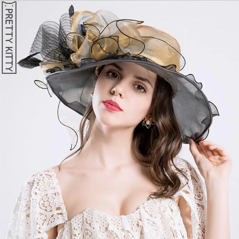 Linda Kitty 2018 Mulheres Vintage Sun Chapéu Floral Ruffles Summer Beach Hat Grande Grande Brim Partido Casamento Sol Chapéu