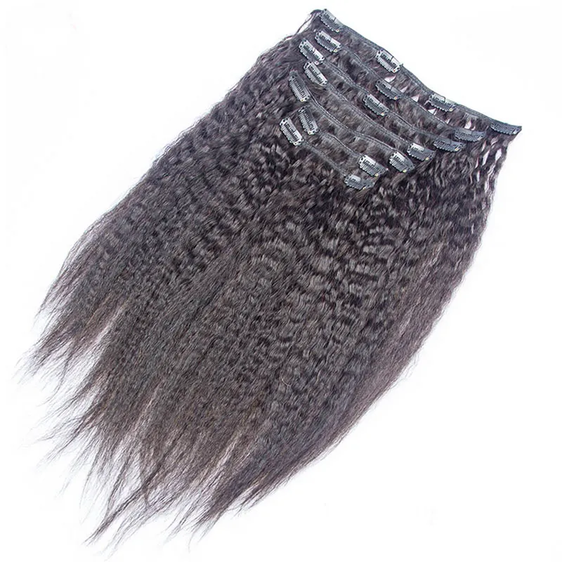 Grossier Yaki Kinky Clip Droit Dans Les Extensions De Cheveux Humains Brésilien Remy Cheveux Lumière Noire Naturelle Yaki Pince À Cheveux Ins 7 Pièces Et 120g / Set