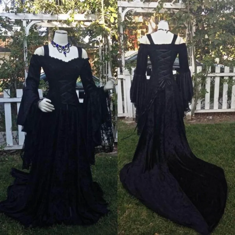 Vintage schwarze Gothic-Hochzeitskleider 2017, volle Spitze, Juliet, lange Ärmel, Schnürung am Rücken, lange Brautkleider, Übergröße, nach Maß, China EN2076