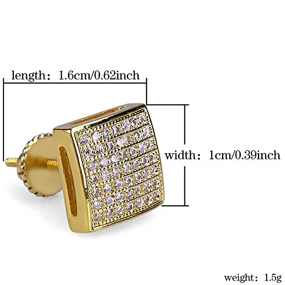 14K Gold Plated Hip Hop Micro Paved CZ Square Curved Back Screw Back Stud Earring for Men Women