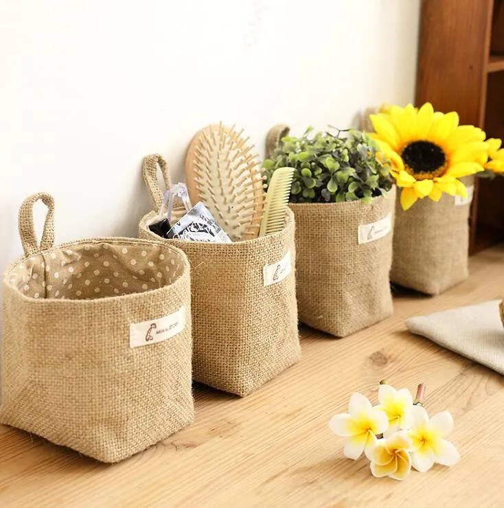 Boîte de rangement de style Zakka, en jute avec doublure en coton, panier pour articles divers, mini sac de rangement de bureau, sacs suspendus, 1 pièce/lot, vente en gros