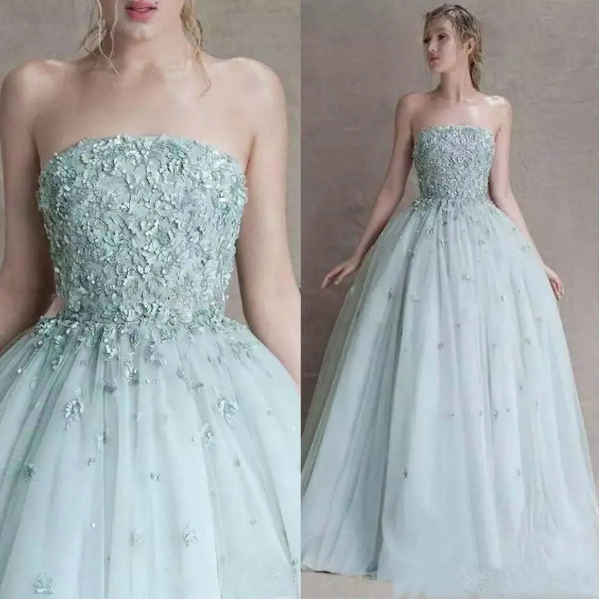 Robe de bal sauge de haute qualité sans bretelles 3D Appliques florales perlées longues robes de soirée formelles en tulle