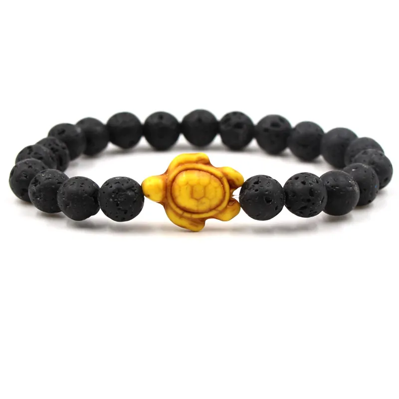 Tortoise Charms 8mm Naturlig Svart Lava Stone Beads Armband Eterisk Olja Parfym Diffuser Armband Stretch Yoga Smycken