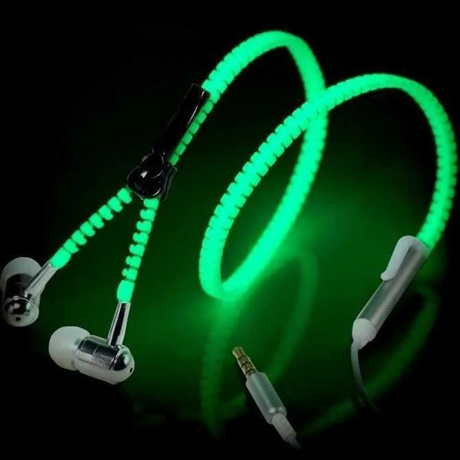 LED Luminous Earphones Glow In The Dark Headphones Metal Zipper Night Lighting Glowing Headset With Mic Handsfree For Iphone X Samsung S8