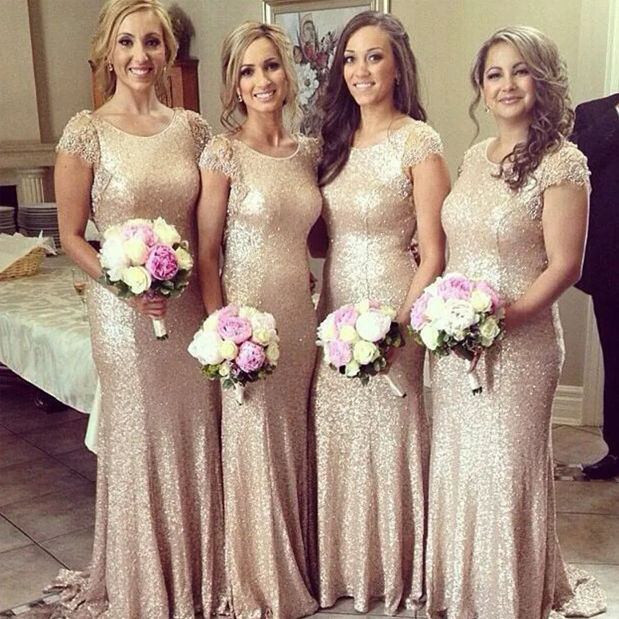 Guld Sequins Bridesmaid Dresses Cap Sleeve med O-Neck Meant Style Långa Billiga Brudtärna Klänningar För Bröllopsfest