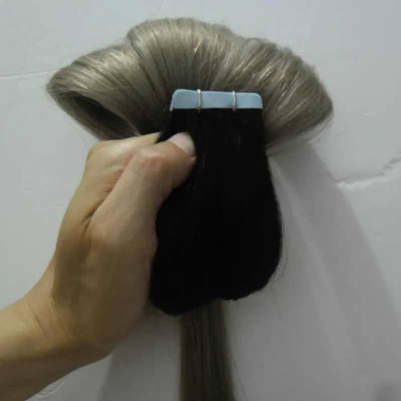 Gris Ombre cheveux humains droite T1B/extension de bande gris argent 100g 40 pièces extensions de cheveux de bande de trame de peau