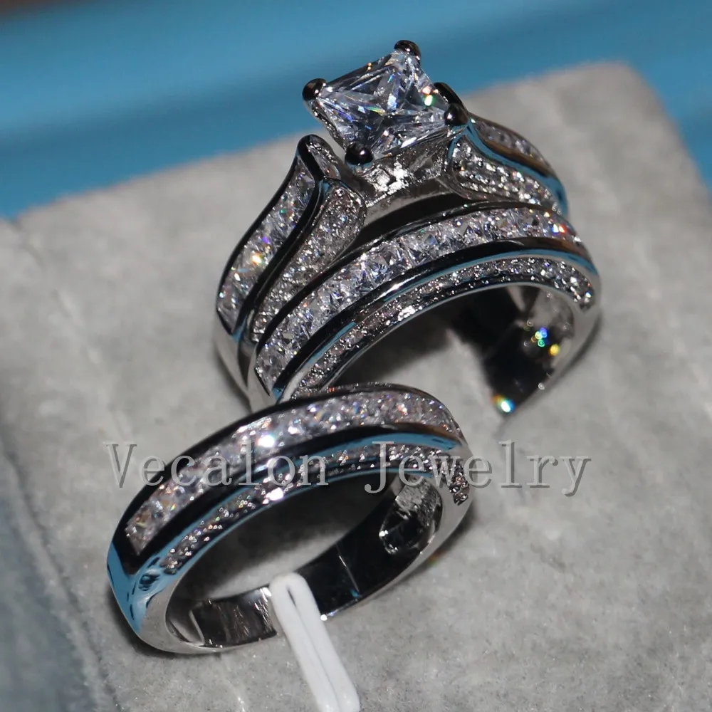 Vecalon fijne sieraden prinses gesneden 20ct 5A zirkoon CZ bruiloft band ring set voor vrouwen 14 kt wit goud gevulde vinger ring