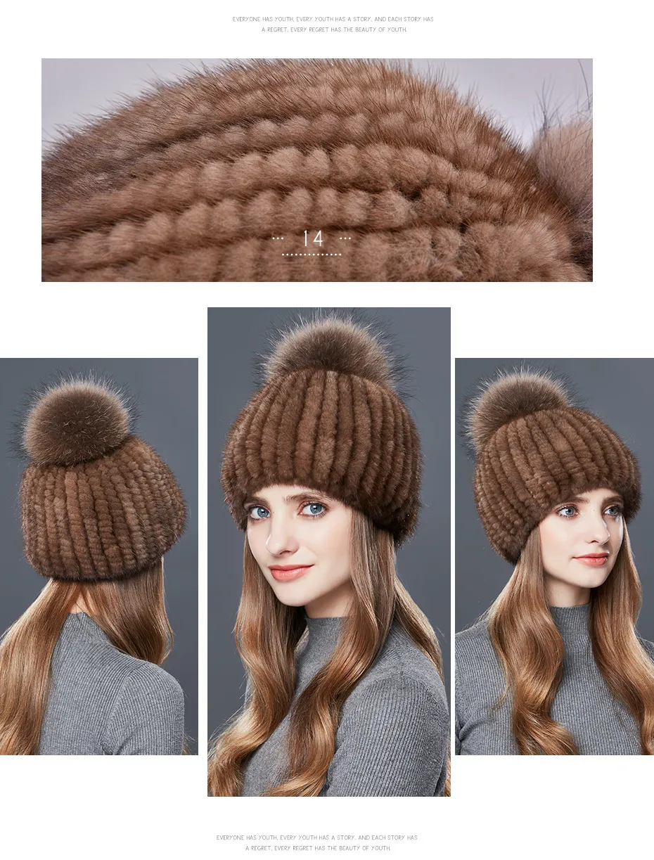 Gorros De Invierno Con Pompón Para Mujer, De Punto Esponjoso, De Piel