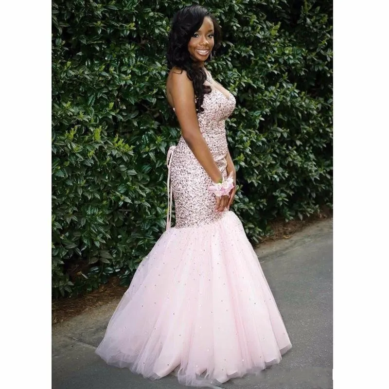 Pink Prom Dresses Long Mermaid Beading Crystal Prom Gowns Sweetheart Formal Evening Gowns Custom Made Pageant Dresses